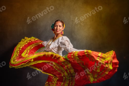 Preview: A woman in a red and yellow dress is dancing