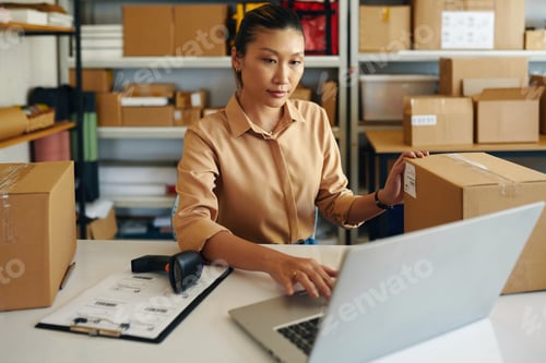 Preview: Woman Entering Data Of Parcel In Laptop