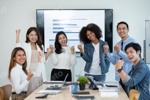 Preview: Group of young Asian business people are happy work together as a team and achieve goals excited