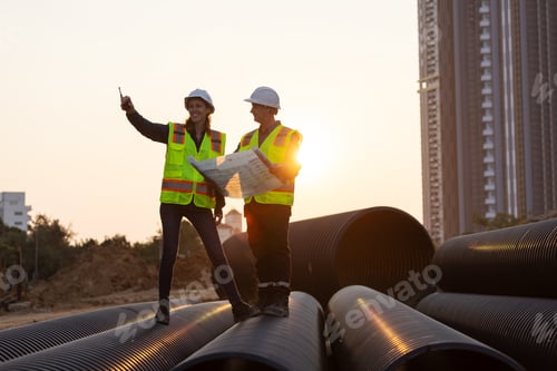 Preview: Two construction engineers in safety gear stand on drainage pipes