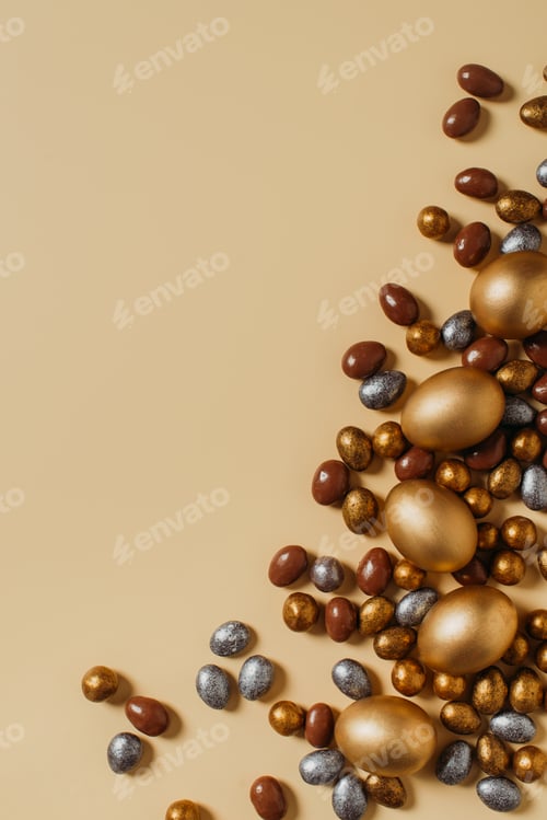 Preview: Easter concept card with golden eggs and candy sweet frame falt lay on brown background