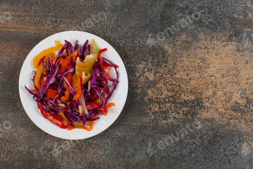 Preview: Various sliced vegetables on white plate