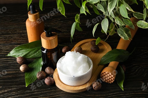 Preview: Concept of skin care cosmetics on wooden table, Shea butter