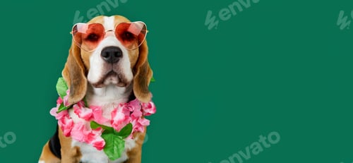 Preview: A beagle dog wearing sunglasses on a green isolated background.