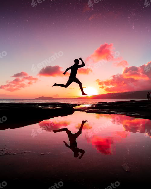 Preview: Silhouette Jumps at Sunset Reflected in Tide Pool