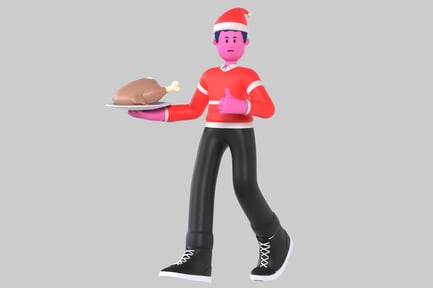 Preview: Cartoon illustration of a Santa Claus carrying a plate with a roasted chicken