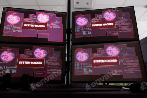 Preview: Computers displaying hacked system alert message flashing on monitor