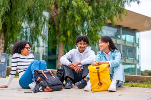Preview: Cool diverse students sitting on the university campus chatting relaxed