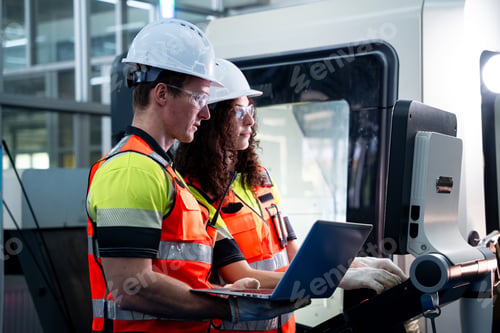 Preview: Two people wearing safety gear and looking at a laptop