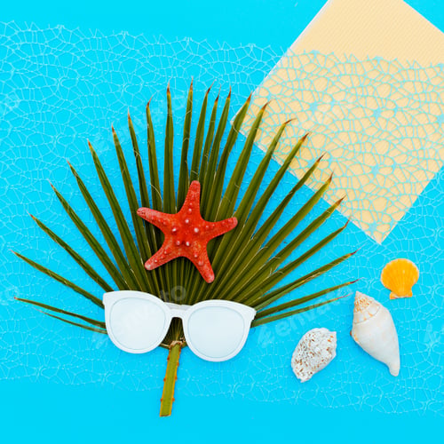 Preview: Fashion sunglasses and palm tree sea background Minimal art