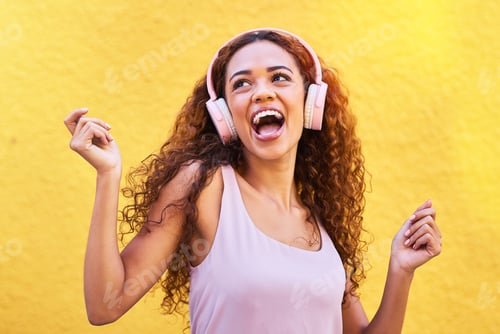 Preview: Music, idea and dance with a black woman listening to the radio outdoor on a yellow wall background