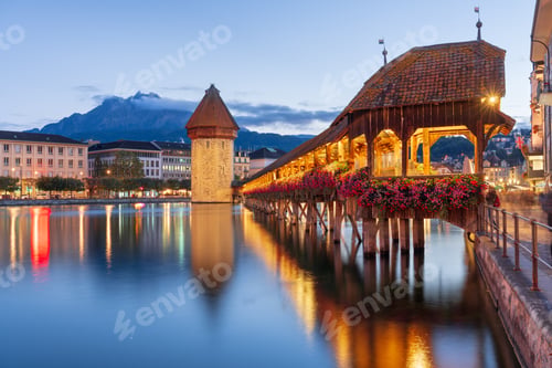 Preview: Lucerne, Switzerland with the Chapel Bridge at Twilight