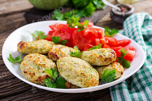 Preview: Chicken cutlet with zucchini and tomatoes salad. Healthy food.