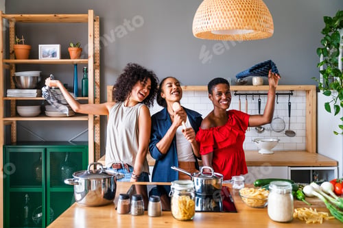Preview: Three mixed race hispanic and black women bonding at home