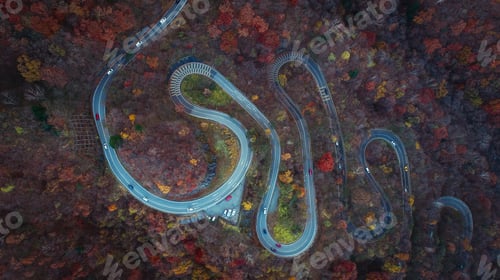 Preview: Beautiful curvy street on the Nikko mountain, Japan. Aerial view