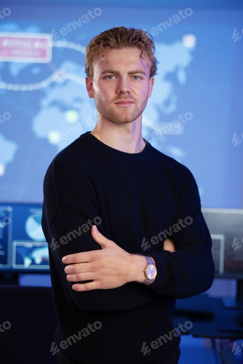 Preview: Male Cybersecurity Analyst in large Cyber Security Operation Center SOC handling Threats
