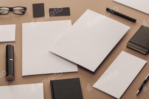 Preview: Flat lay with cards, notebook, glasses, marker pen, case, pen sheets of paper