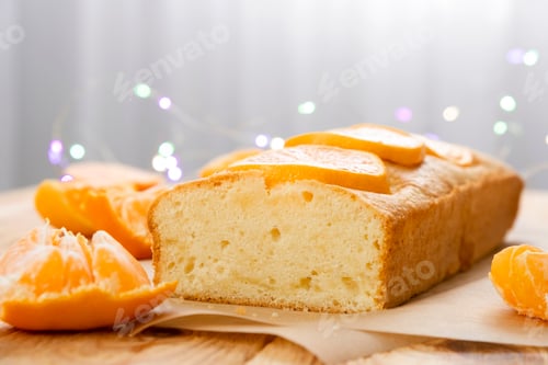 Preview: Loaf of delicious tangerine pound cake on parchment with pieces of mandarin and bokeh lights