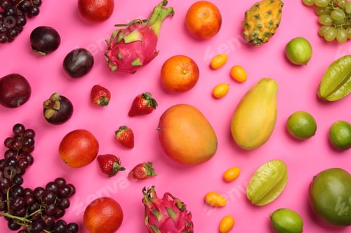 Preview: Many different delicious exotic fruits on pink background, flat lay