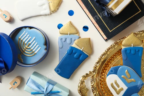 Preview: Gift boxes, gingerbread cookies and book on white background, top view