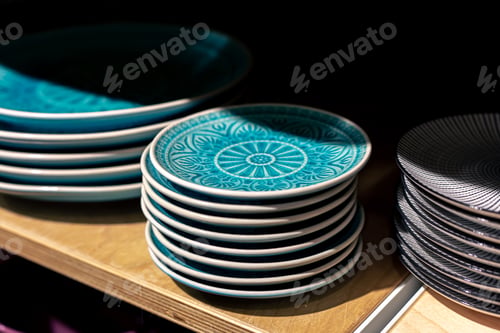 Preview: Crockery on the showcase of a store of things for the home.