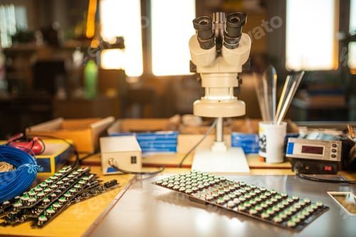 Preview: Modern microscope, Panel of LED light indicators is in the production