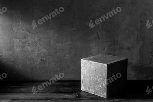 Preview: Concrete cube or construction brick near wall background texture. Art or construction concept