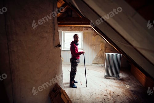 Preview: Full length portrait of man with work tool renovating attic
