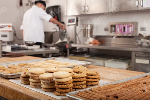 Preview: Male chef baking cookies in commercial kitchen