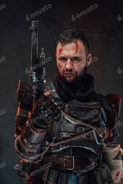 Preview: Serious apocalyptic fighter in ragged armour with pistol