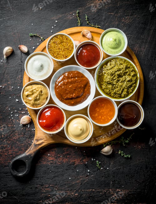Preview: Pesto sauce, mustard, barbecue sauce, mayonnaise with garlic slices.