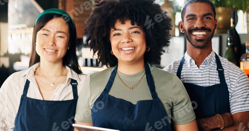 Preview: Diversity, restaurant and portrait of team at bar with manager, waiter and waitress at startup with