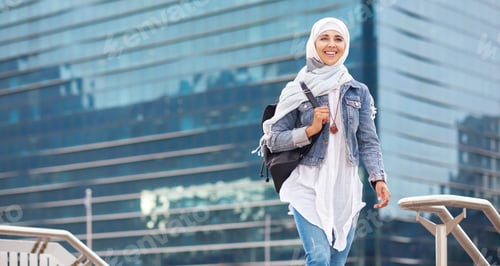 Preview: Portrait beautiful muslim woman smiling confident wearing hajib headscarf in city