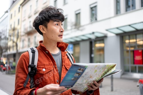 Preview: Asian young man backpacker traveler looking at map to find destination.