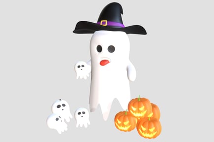 Preview: Happy Ghost with Hat and Pumpkins