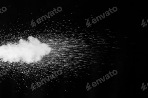 Preview: Horizontal steam with drops of spray flying in different directions on black background for overlay