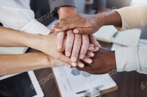 Preview: Team building, diversity and hands of business people in a meeting to support collaboration for our
