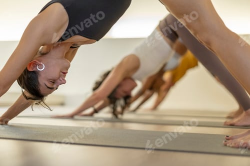 Preview: Yoga class in downward dog pose.