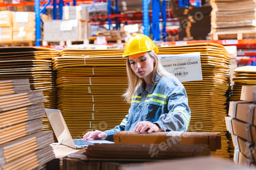 Preview: Factory manager, foreman worker checking stock inventory on good shelf in delivery storehouse
