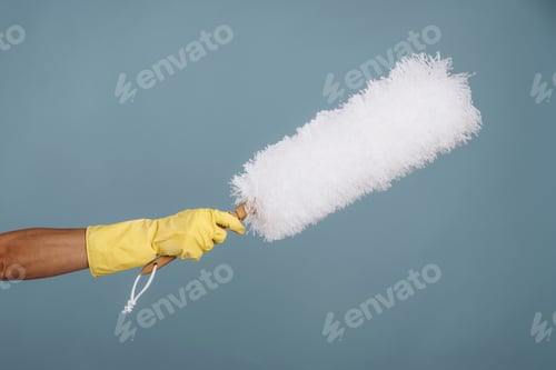 Preview: Maid is holding dust brush against blue background