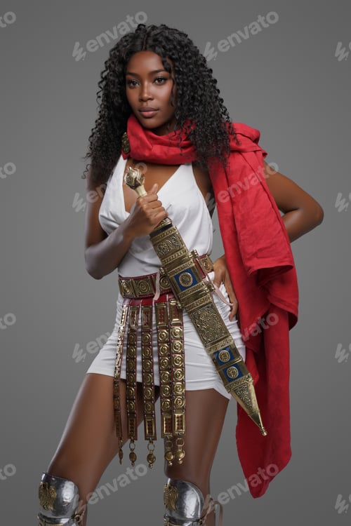 Preview: Afro-American model in Greek-style tunic with red cape and ornate belt