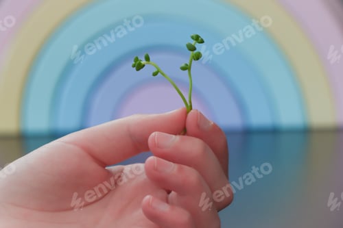 Preview: Child's hand holding a succulent plant with pastel rainbow background.