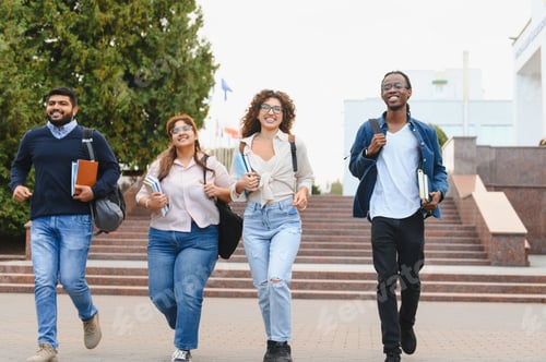 Preview: Diverse university students walking studying on campus