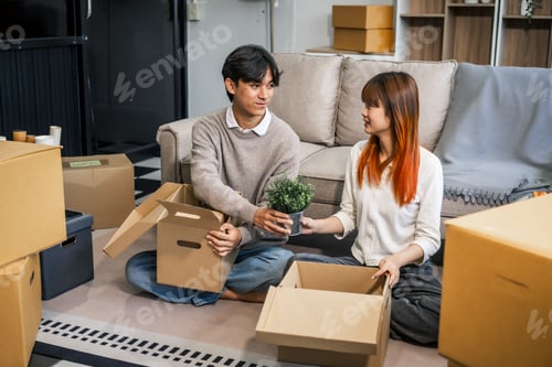 Preview: Indoors, a young couple happily packs cardboard boxes, preparing for a move. They share smiles