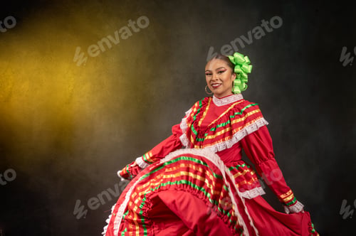 Preview: A woman in a red and green dress is smiling and dancing