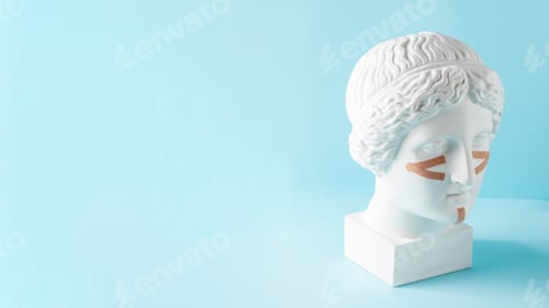 Preview: Beige tapes for the face on the bust on a blue background. Non-surgical facelift, rejuvenation.