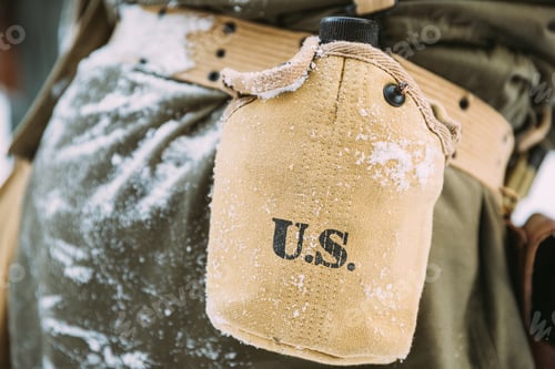 Preview: American Military Ammunition Of A US Soldier At World War II. Warm Autumn Clothes, Flask