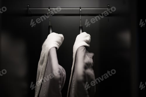 Two Clothes Hangers with Clothes in Dark Closet
