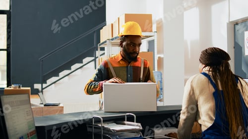 Preview: Group of employees talking about boxes of goods