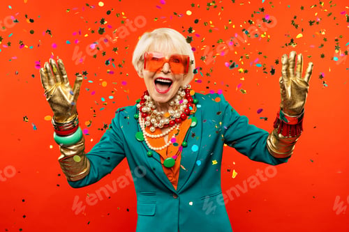 Preview: Cool and stylish senior old woman with fashionable clothes